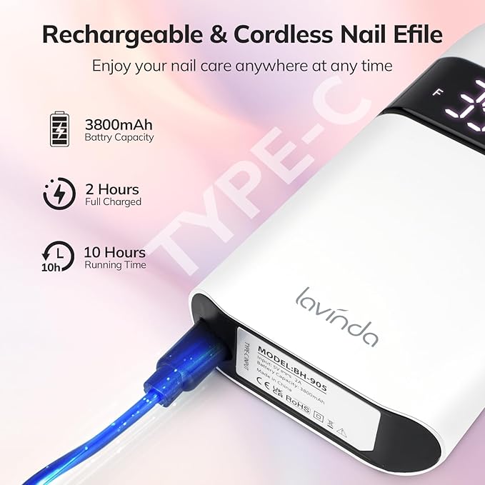 Lavinda Professional Nail Drill Machine, 35000RPM Electric Nail File Cordless Rechargeable Nail Efile for Acrylic Gel Nails, Manicure Pedicure Polishing Shape Tools for Salon Home Use-White