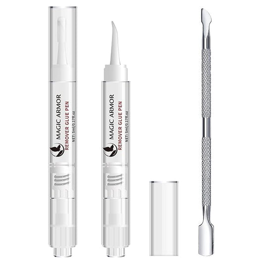 2-Pack Nail Glue Remover Pens with Cuticle Pusher – Click Pen Design for Easy Press-On Nail Removal – Quick & Gentle Adhesive Debonder for Fake Nails – Not for Gel Polish or Base Coat (5ml Each)
