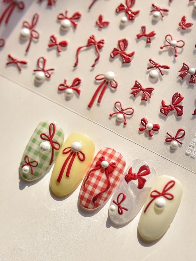 Red Bow Pearls Nail Stickers 5D Embossed – Premium Salon-Quality Nail Charm Accessories, Easy Application & Self-Adhesive Pearled Bows Decal for DIY Manicure, Nail Art, Press on, Home or Salon Use