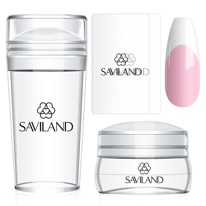 Saviland French Tip Nail Stamp - 4PCS Nail Art Stamper Kit Clear Silicone Nails Stamping Long & Short Jelly Stamper with Scrapers Nails Stamper Kit for French Manicure Nail Art Home DIY Salon
