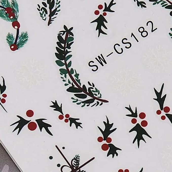 Christmas Nail Art Stickers Decals Holly Leaf Candy Cane Design 3D Self-Adhesive Xmas Nail Art Supplies Decals 6PCS Snowflakes Bow Star Ball Christmas Stickers for Nails Holiday Manicure Decorations