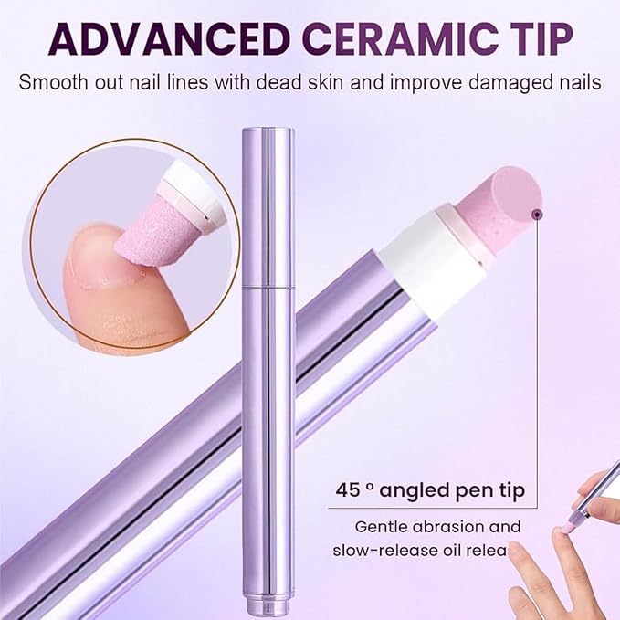 3-in-1 Nail Care Pen, 2025 Upgrade Cuticle Oil Pen for Nails, Ceramic Cuticle Pusher with Oil, Refillable Cuticle Oil Pen, Nail Buffer & Strengthener for Dry, Brittle Nails (Large 3Pcs)