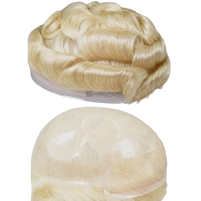 Human Hair Toupee for Men 10x8 Inch,European Human Hair Lace Front Natural Hairline Hair Pieces with 0.06mm Thin Skin PU V-looped Men's Hair Replacement System (#613 Blonde color,100% human hair)