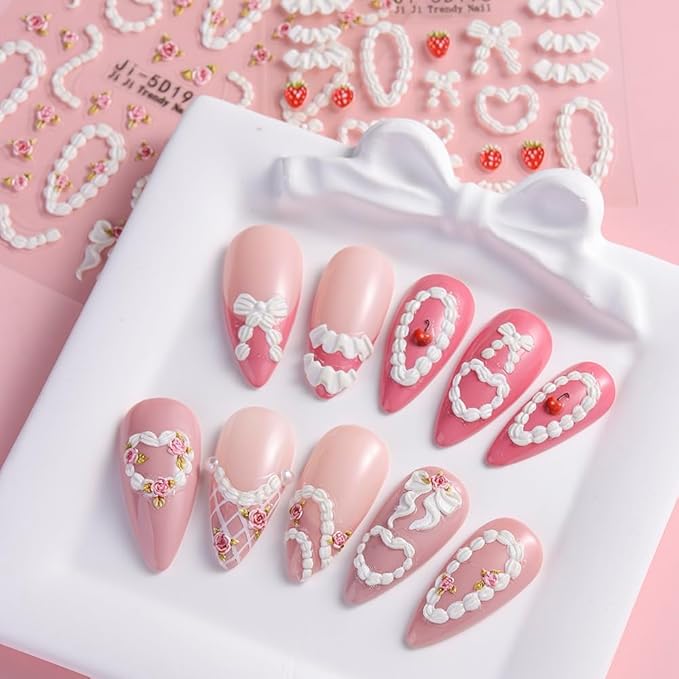 Cake Cream 5D Embossed Nail Art Stickers, 4 Sheets Cute Cream Chain Pleated Skirt Edge French Nail Decals Strawberry Cherry Rose Heart Self Adhesive DIY Nail Supplies for Women Girls