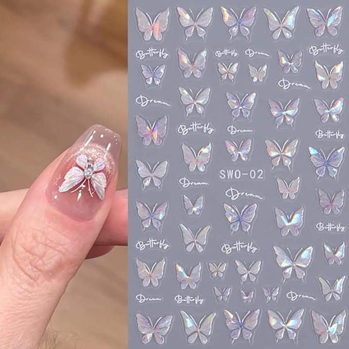 Shiny Pink Butterfly Nail Decals - 3D Self-Adhesive Nail Art Stickers - Laser Glitter Butterflies - DIY Manicure Decor