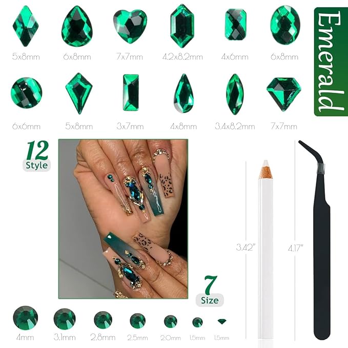 4080Pcs Emerald Green Nail Rhinestones K9 Glass Crystal Flat Back Rhinestones Nail Charms Stones Multi Shapes Big Gems Round Beads Nail Art Diamonds jewels for Nails Face Eyes Makeup Crafts DIY