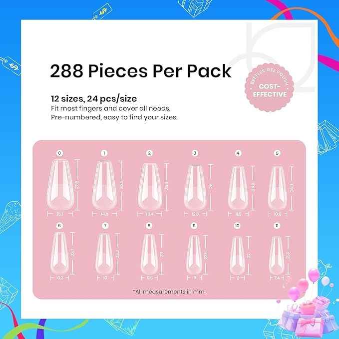 Beetles Gel Nail Tips Medium Coffin Etch X, 12 Sizes 288Pcs Pre Shaped Half Matte Full Cover Press On False Nails for Pastel Acrylic Fake Nail Extensions Kit Salon Manicure Gift for Women