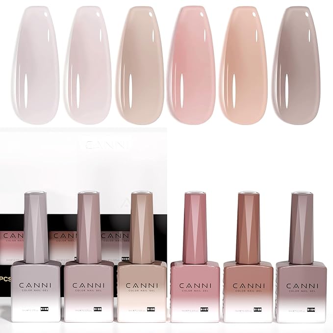 CANNI Jelly Nude Gel Nail Polish Set- 6 Pcs 9 Ml Neutral Transparent Jelly Pink Colors Gel Polish Kit, Soak Off LED Nail Gel Manicure Kit DIY at Home Salon Gifts