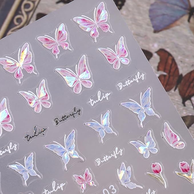 Shiny Pink Butterfly Nail Decals - 3D Self-Adhesive Nail Art Stickers - Laser Glitter Butterflies - DIY Manicure Decor