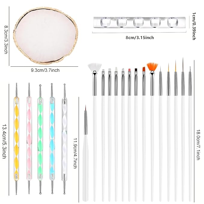 Nail Art Brush 22 Piece Set, 2 Way Acrylic Silicone Engraving Pen Dotting Pen Tools Nail Art Kit, Resin Nail Art Palette, For Nail Art DIY Home Salon Makeup Display Board (White)