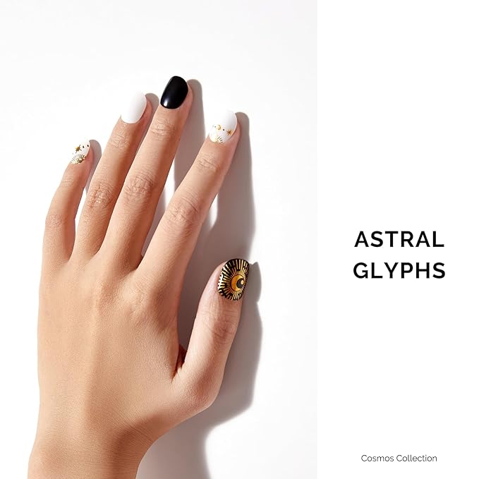 Semi Cured Gel Nail Strips - NAILOG 34 Pcs Gel Nail Stickers Buy 2 Get 1 UV Light | Long Lasting Nail Wraps with Glossy Gel Finish Black, Astral Glyphs