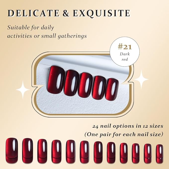 Blood Red Cat Eye Halloween Press on Nails Medium Square, Medium Square Glue on Nails for Women Gift, Dark Red Holographic Glitter Glossy Reusable Stick Gel Press on Acrylic Fake Nail with Designs