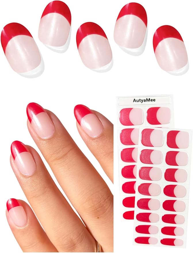 Semi Cured Gel Nail Strips (Chrome Red French), Glazed Donut, 30 Pcs Gel Nail Wraps, Stickers, UV Light Required
