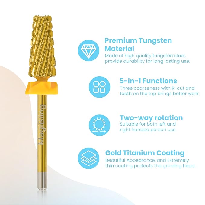 Professional 5 in 1 Tapered Nail Drill Bits, 3/32'' Safety Tungsten Carbide Bits, Remove Gel Fast Left & Right Hand Use, Easy for Beginner, Technicians Bits, Gold, Double Coarse.