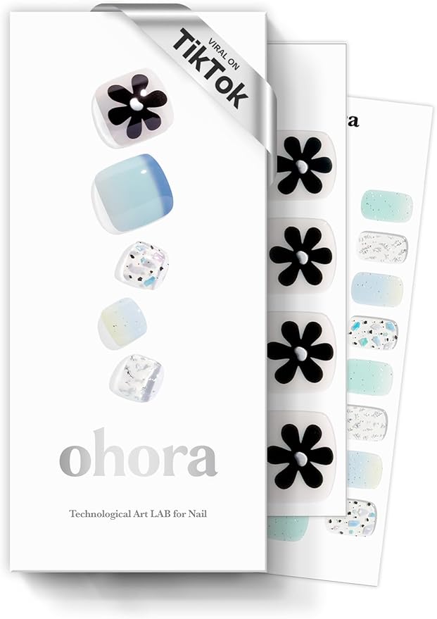 ohora Semi Cured Gel Pedi Strips (P Flowery Ocean) - Works with Any Lamps, Salon-Quality, Long Lasting, Easy to Apply & Remove - Includes 2 Prep Pads, Nail File & Wooden Stick