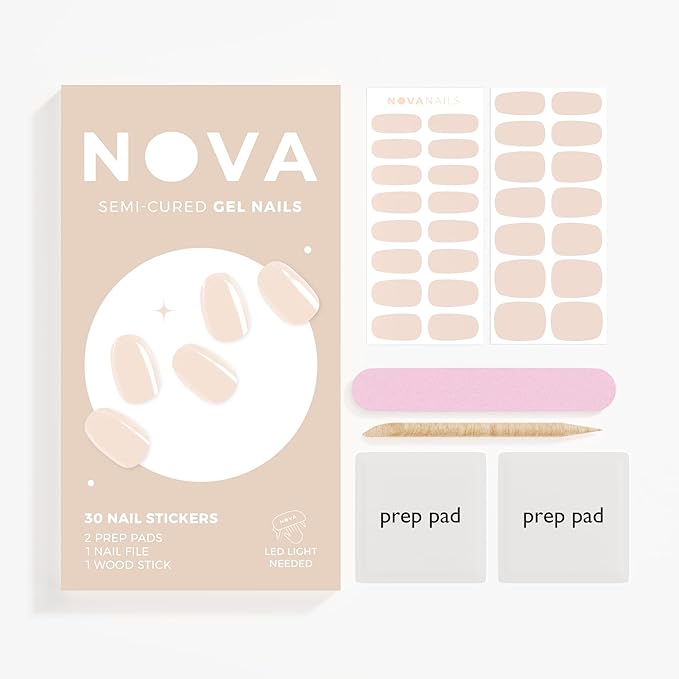 NOVA, Female Founded, Semi Cured Gel Nail Strips (Bare Necessity) - The 10 Minute Manicure. Full Nail Wraps, Nail Polish Stickers, Nail Polish Sticker Nail Kit - Incl. File & Stick (Bare Necessity)
