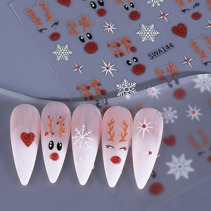 Christmas Nail Art Stickers Decals Deer Snowflake Design 3D Self-Adhesive Xmas Nail Decals Nail Art Supplies Cute Cartoon Glitter Nose Deer Snowflakes Holiday Stickers for Nails Manicure Decorations