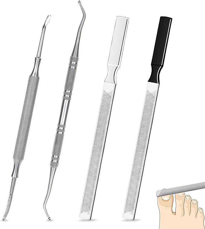 4pc Stainless Steel Nail File & Cuticle Pusher Set – Four-Sided Emery Nail File for Thick Nails, Durable Metal Manicure & Pedicure Tool, Portable Home & Travel Grooming Kit(5.12IN)