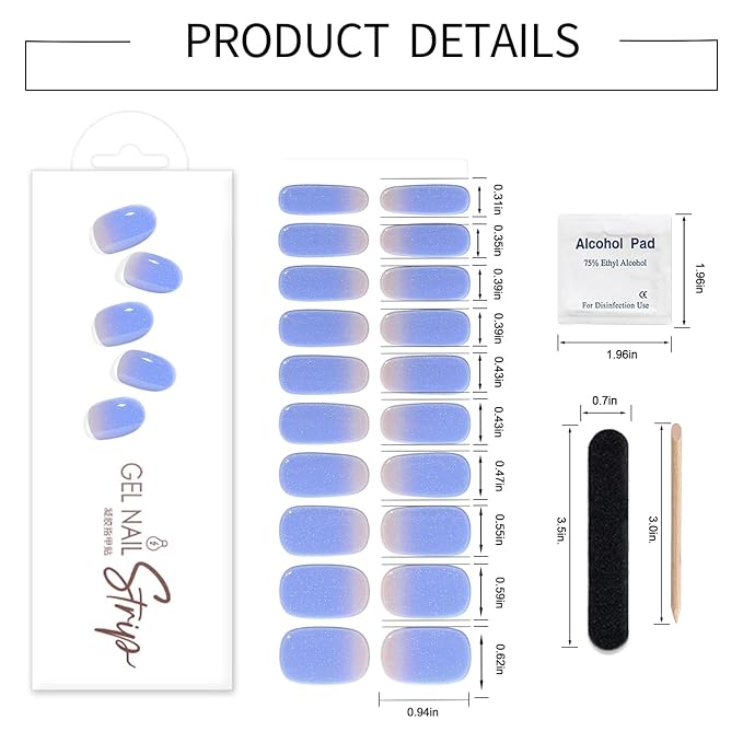 WOKOTO 1 Sheet Semi Cured Gel Nail Strips With Wood Stick, Nail File & Prepared Pads, 20 Tips Blue Gradient Glitter Semi Cured Nail Polish Strips, Harden With UV Light Gel Nail Stickers Wraps