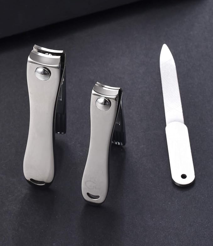 Nail Clipper Set - Stainless Steel Fingernail Clippers Toenail Curved Blades Nail Cutter and Nail File w/PU Sheath for Men Women