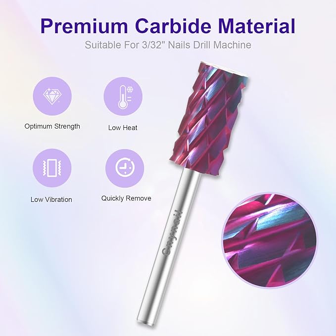 3/32" Large Barrel Bit Tungsten Carbide Nail Drill Bit Safety Bit for Gel & Acrylic Removal, Right Way Rotating Efile Tip, Salon Electric File Accessory (5XC Girt, Purple)