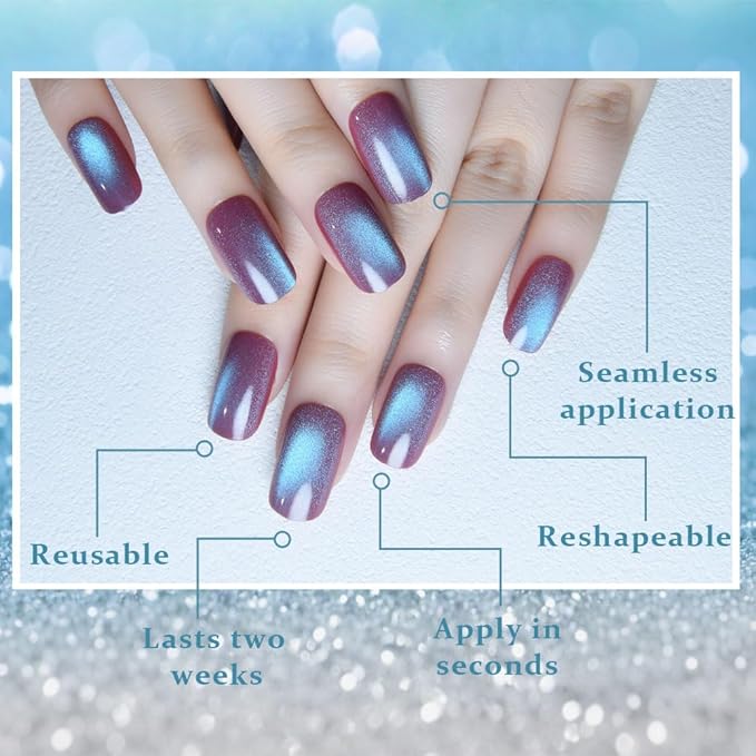 Aqua Blue Reflective Cat Eye Press on Nails Medium Square, Medium Square Press Glue on Nails Chrome for Women, Blue Holographic Glitter Glossy Reusable Gel Acrylic Fake Nail with Designs Cateye Effect