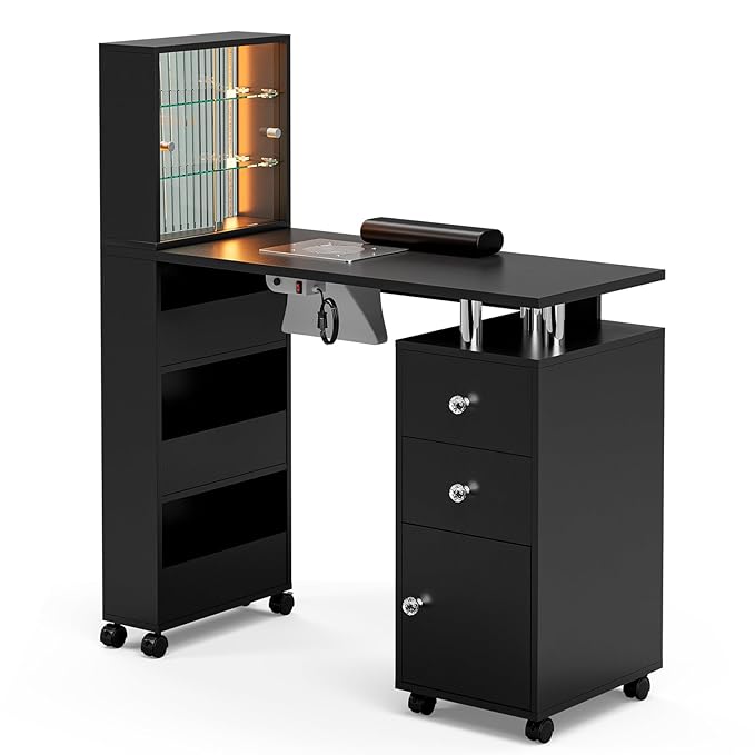 Paddie Manicure Table Nail Table with LED Light, Glass Shelf Door Nail Desk with Dust Collector & Wrist Cushion, Nail Salon Station with 2 Drawers & Cabinet for Technician Workstation(Black-New)
