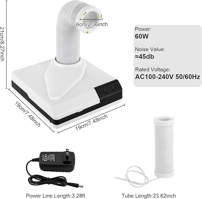 Nail Dust Collector, 60W Dental Polishing Dust Collector with Fan and LED Dual Function Low Noise Dust Suction Machine with Large Caliber Vacuum Cleaner Hose(2.4 In) for Dental Lab Nail Salon (White)