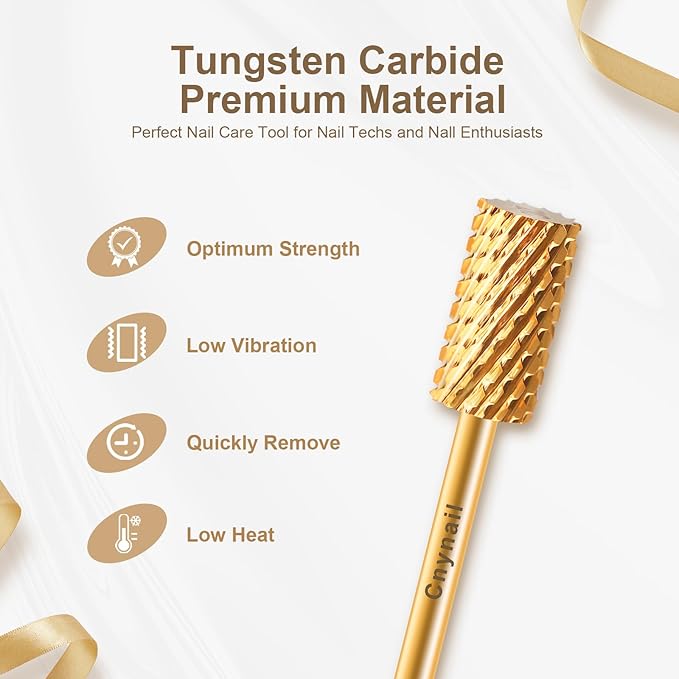 3/32" Large Barrel Flat Top Tungsten Carbide Nail Drill Bit Safety Bit for Gel & Acrylic Removal, 2-Way Rotating Efile Tip, Salon Electric File Accessory (2XC Grit, Gold)