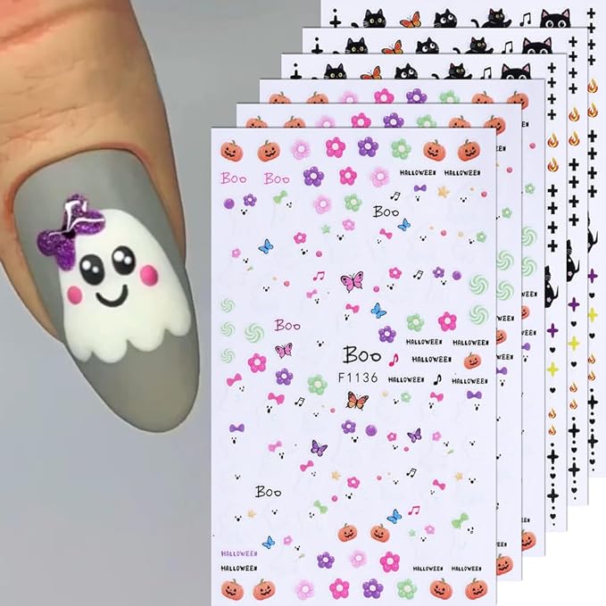6Pcs Halloween Nail Stickers Cat Ghost Nail Decals DIY Self Adhesive Cute Cartoon Pumpkin Flower Butterfly Nail Design Supplies Halloween Nail Decoration for Women Girls Holiday Manicure Accessories