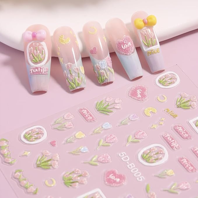 3D Embossed Nail Stickers - Pink Tulip Design, Cute Fresh Self-Adhesive Nail Art Decals for Women Girls A Set of 1 Sheets