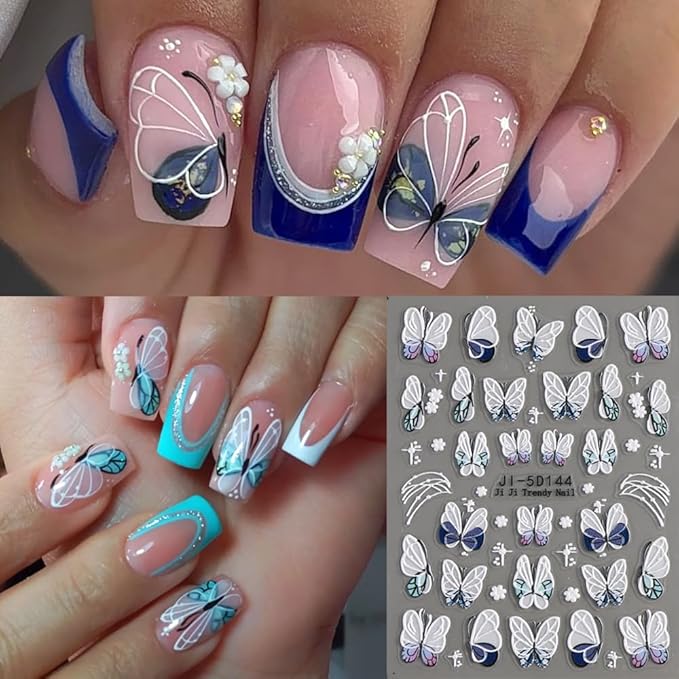 5D Embossed Butterfly Nail Stickers, 3 Sheets Self-Adhesive Nail Decals White Pink Purple Butterfly Daisy Flowers Designs Nail Decorations DIY Manicure Supplies for Women Girls&Kids