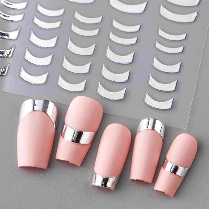 8 Sheets Gold Silver French Stripe Line Nail Stickers, 3D Self-Adhesive Decals with Gold Silver Geometric Waved Curve Lines Design for Elegant French Tips and DIY Manicure Decoration