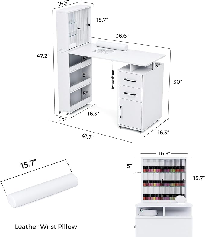Manicure Table Nail Desk for Nail Tech w/Glass Door Storage Cabinets & Wrist Rest, Beauty Salon Nail Supplies Decor Workstation Acetone Resistant, with Dust Collector (White)