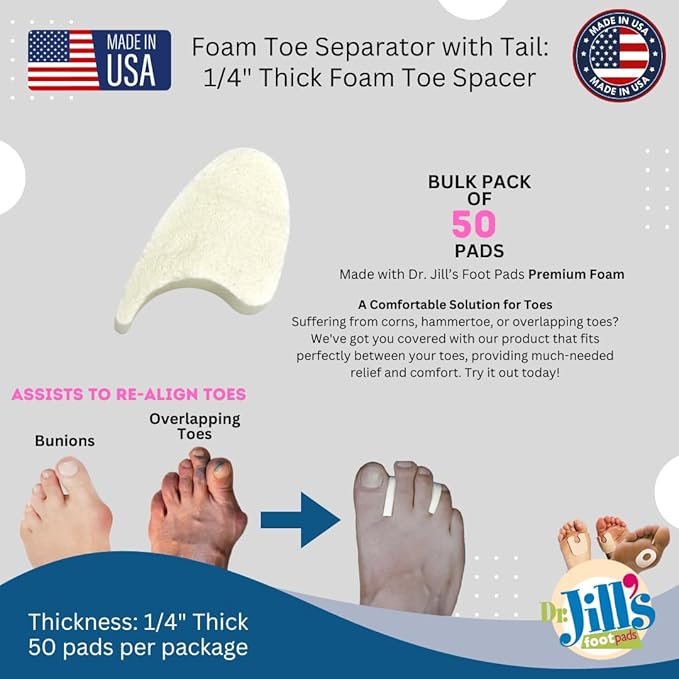 Dr. Jill's Foot Pads, YJ44-9070, Toe Separator Pad 1/4" Foam (50 Pack) with Tail