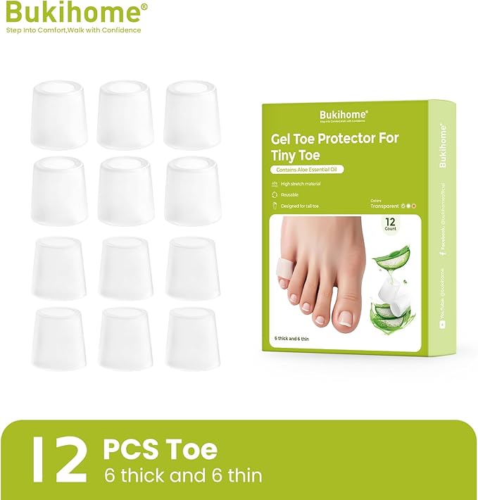 Bukihome Silicone Toe Protectors – Silicone Open Pinky Toe Sleeves for Hammer Toes, Corns, Calluses, Blisters – Soft Gel Protector Toe Cushions for Pain Relief - 12 Count (6 Thick +6 Thin)