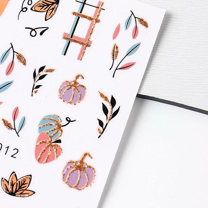 6 Sheets Fall Nail Art Stickers Decals, Thanksgiving Nail Art Accessories 3D Self Adhesive Fall Leaves Nail Decals Autumn Pumpkin Maple Leaf Nail Design DIY Manicure Decoration for Women Nail Supplies