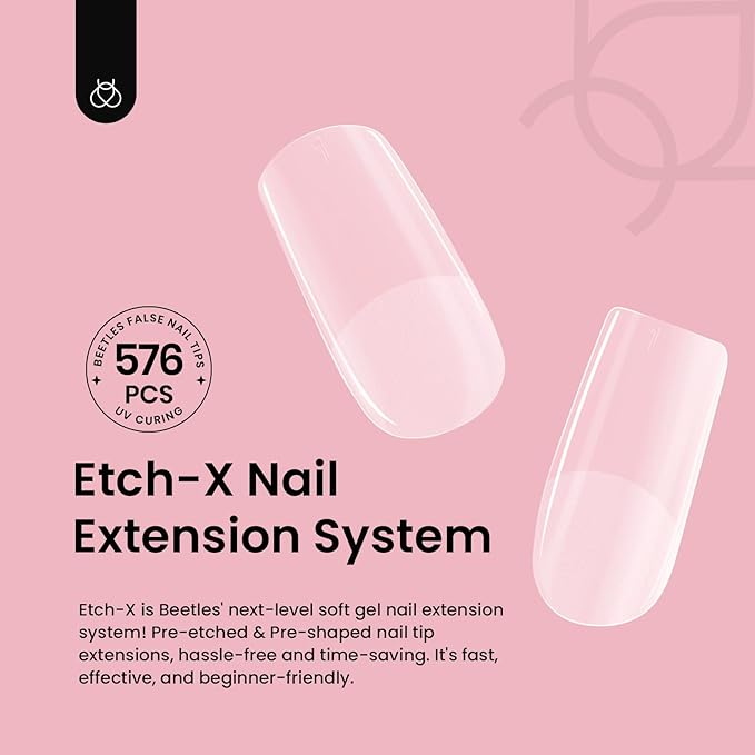 Beetles Gel Nail Tips Etch-X, Square Short, 576Pcs 12 Sizes, Pre-Shaped Half Matte Full Cover Soft Acrylic Fall False Nail Tips Easy DIY Press On Nail Extension Manicure Salon Gift for Women