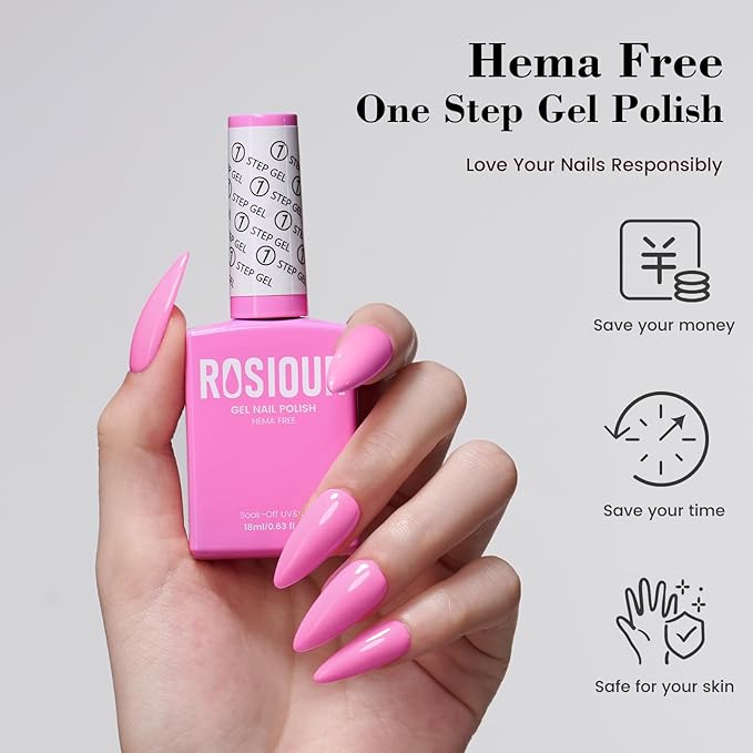 HEMA and TPO Free Pink Gel Nail Polish, 18 ML Neon Pink One Step Gel Nail Polish 3-in-1, No Need Base and Top Coat Easy DIY Nail Art, Soak Off Gel Polish for Women Nail Lovers