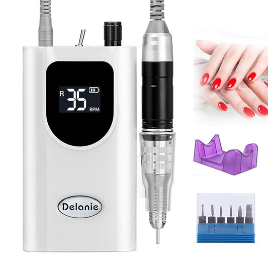 Delanie Electric Nail Drill Professional 35000 RPM Rechargeable Portable E-File for Nail Tech, White
