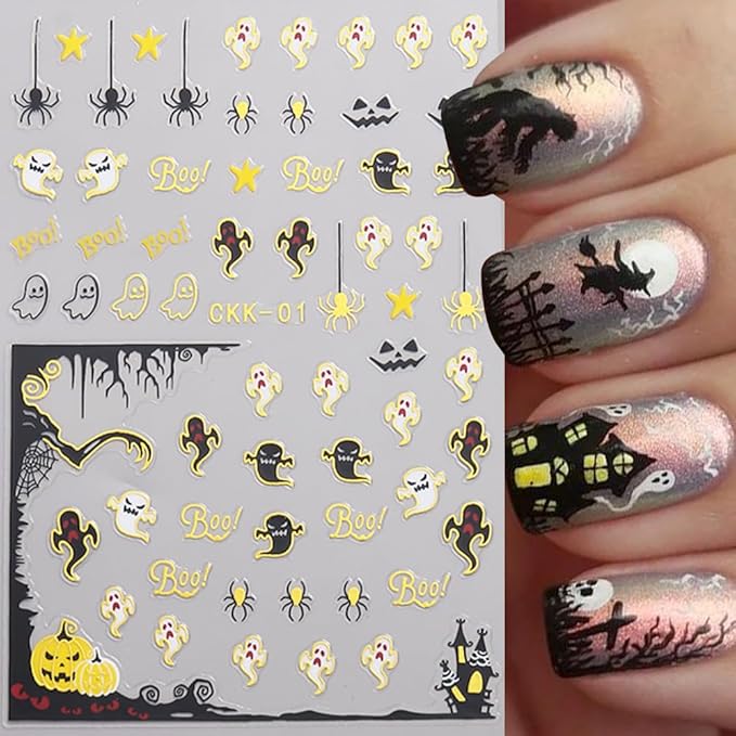 Halloween Nail Stickers Cat Spider Web Ghost Pumpkin Nail Decals 3D Gold DIY Self Adhesive Witch Nail Design Sticker Halloween Nail Decoration Supplies Holiday Manicure Accessories for Women 6Pcs