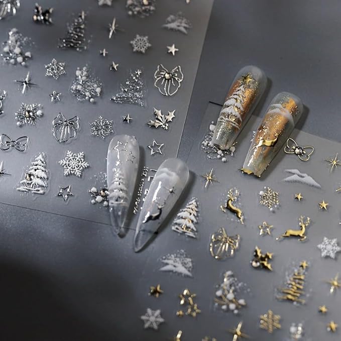 Christmas Nail Art Stickers 5D Embossed Christmas Nail Decals with Rhinestone 1PCS Gold Deer Xmas Tree Snowflake Xmas Nails Design Manicure Sticker Accessories for Women Holiday DIY Nail Decorations