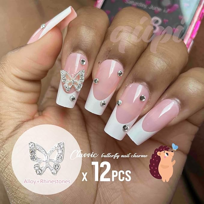Butterfly Nail Charms, 52pcs 3D Silver Butterfly Charms for Acrylic Nails, 12 Butterflies Nail Rhinestones Gems Charms +40 Alloy Studs, Nail Art Crystals Diamonds Decor Supplies for Nails DIY