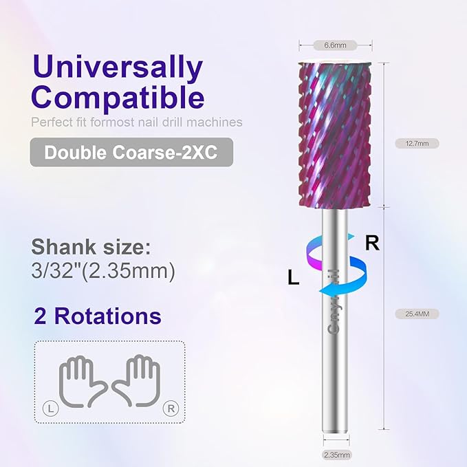 3/32" Large Barrel Bit Tungsten Carbide Nail Drill Bit Safety Bit for Gel & Acrylic Removal, 2- Way Rotating Efile Tip, Salon Electric File Accessory (XXC Girt, Purple)