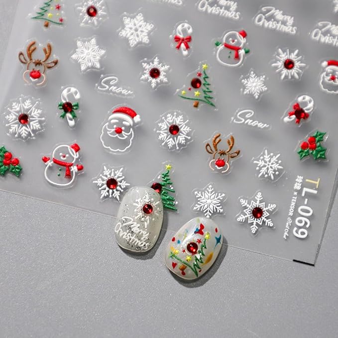 5D Christmas Nail Art Stickers Embossed Snowflakes Nail Stickers Christmas Tree Santa Claus Elk Winter Holiday Nail Design Xmas Nail Decals Nail Art Supplies for Christmas Nails DIY Manicure