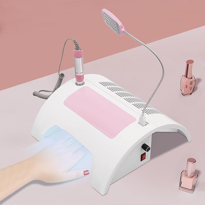 5 in 1 Nail Lamp, Nail Dust Collector with Nail Drill Hand Rest and LED Desk Lamp, LED Nail Lamp for Gel Polish for Nail Salon and Home Use.(Pink,Basics)