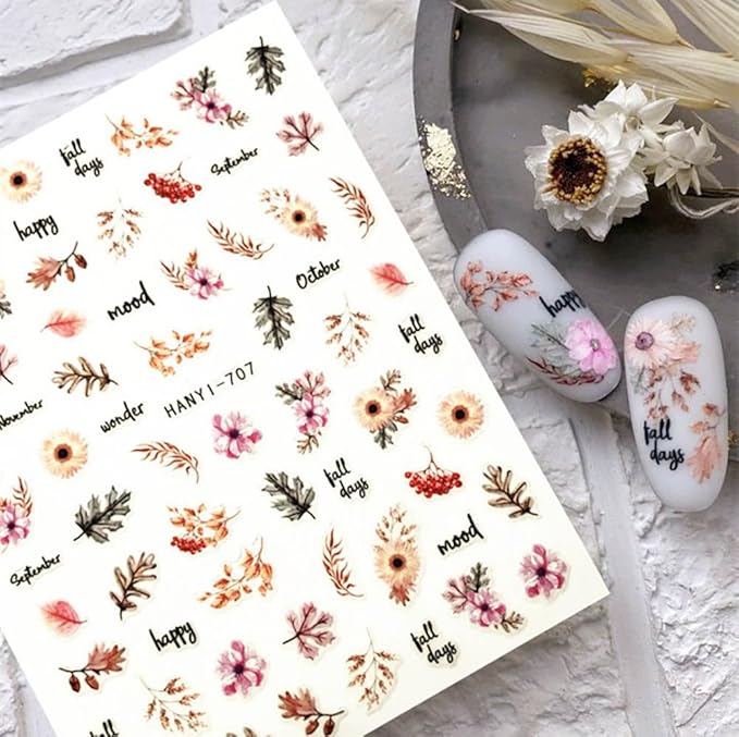 Dornail 8 Sheets 3D Flower Nail Stickers - Spring & Summer Colorful Floral Nail Art Stickers with Blooming Florals & Leaf Designs for DIY Nail Decorations