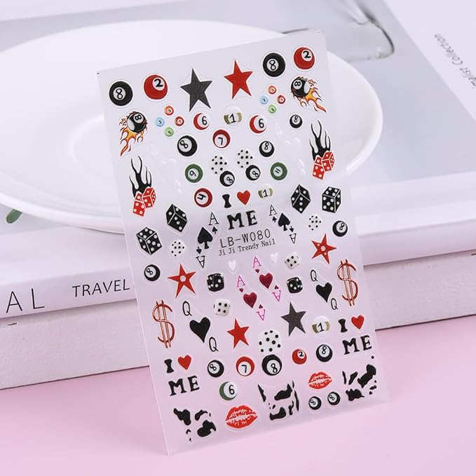4 Sheets Pool & Dice Nail Art Stickers Decals, Cute Cartoon Style Dice Billiard Numbers Cherry Star Nail Art Design 5D Embossed Self-Adhesive Nail Decals Manicure Decorations for Women Girls