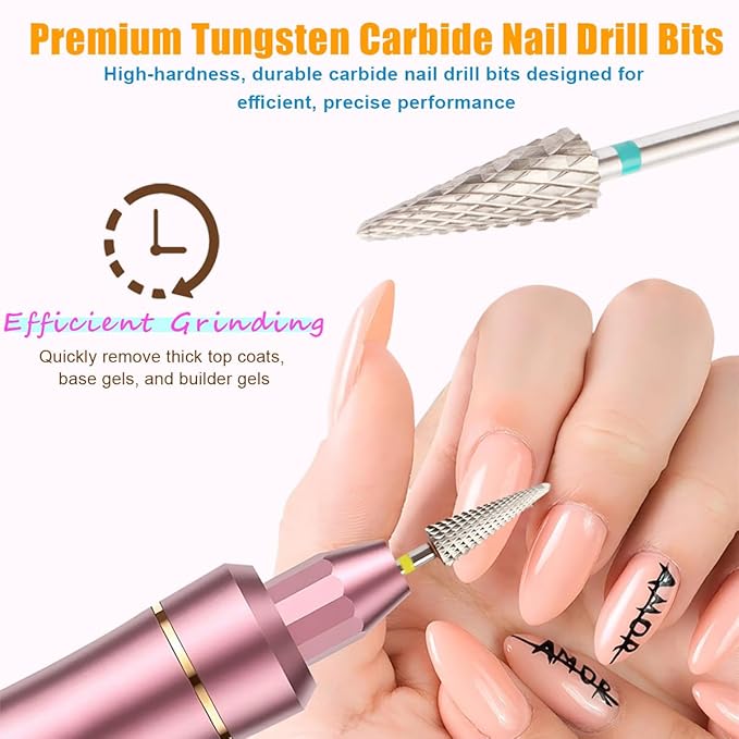 5Pcs Tungsten Carbide Nail Drill Bits Set, 3/32" Shank Fine Drill Bit for Acrylic Nails, XC, C, M, F, XF, 5 in 1 Drill Bits for Nail Care, Gel Removal, Cuticle Polishing