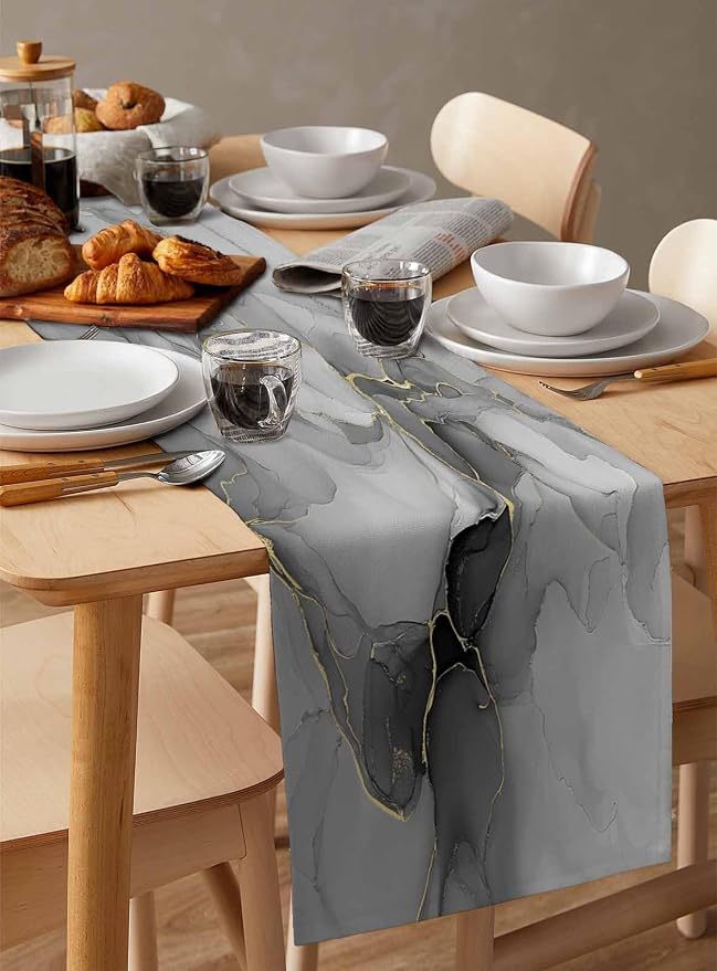 Grey Marble Table Runners 60 Inches Long, Cotton Linen Fabric Table Runner - Image 3